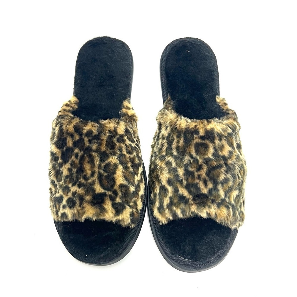 Vintage 1990s deadstock leopard print black fuzzy faux fur slippers
